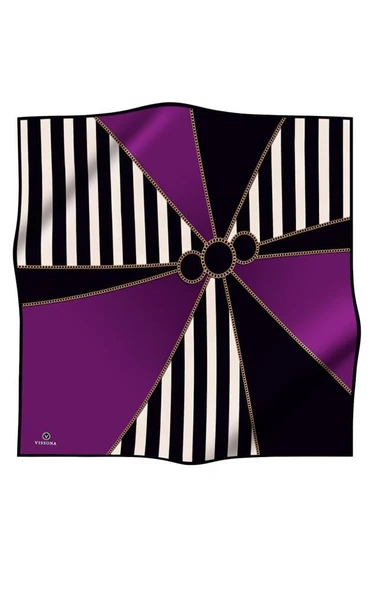 %100 Twill İpek Zincirli Çizgi Desenli Siyah - Mürdüm Renkli 90x90 Eşarp Dikim Şekli : El Dikişi - Resim 2