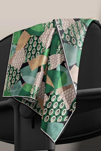 %100 Twill İpek Geometrik Desenli Zümrüt Yeşili - Bej Renkli 90x90 Eşarp Kenar Dikiş Şekli El Dikişli - Resim 5