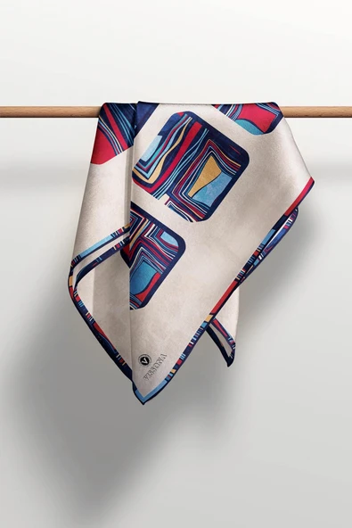 %100 Twill İpek Geometrik Kare Desenli Kırmızı - Lacivert Renkli 90x90 Eşarp Dikim Şekli : El Dikişi - Resim 4