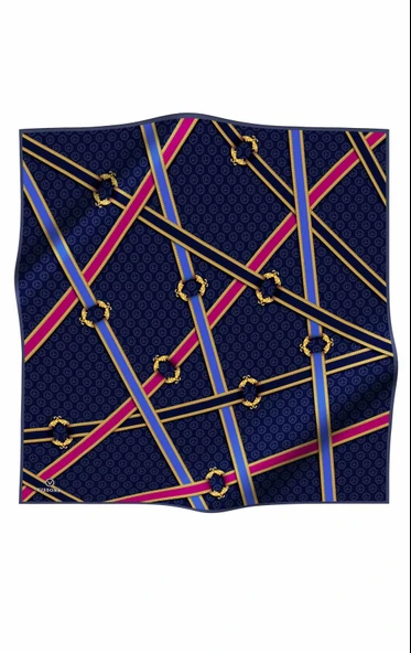 %100 Twill İpek Kemerli Ve Monogram Desenli Lacivert - Fuşya Renkli 90x90 Eşarp Dikim Şekli : El Dikişi - Resim 2