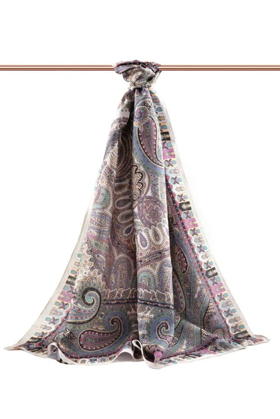 100% İPEK ETRO DESENLİ BEJ - SAKS RENKLİ ŞAL - Resim 2