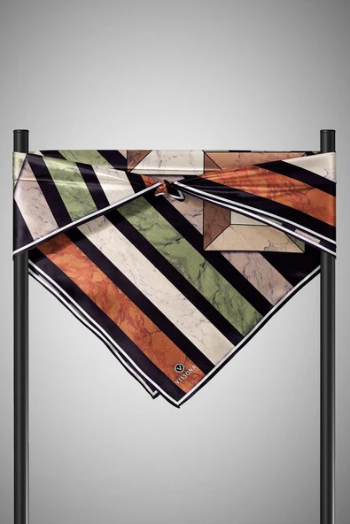 %100 Twill İpek Geometrik Mermer Desenli Haki - Bakır Renkli 90x90 Eşarp Dikim Şekli : El Dikişi - Resim 6