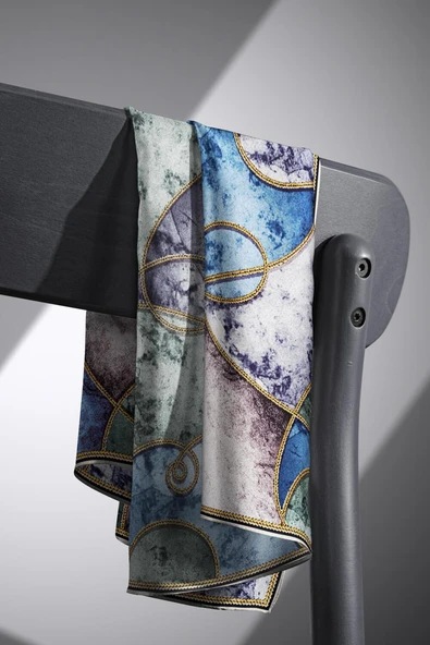 %100 Twill İpek Zincirli Mermer Desenli İndigo - Mint Yeşili Renkli 90x90 Eşarp Dikim Şekli : El Dikişi - Resim 4