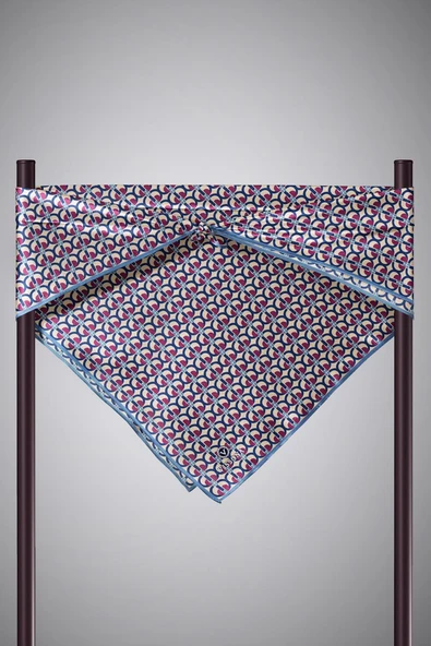 %100 Twill İpek Geometrik Desenli Bej - Mürdüm Renkli 90x90 Eşarp Dikim Şekli : El Dikişi - Resim 6