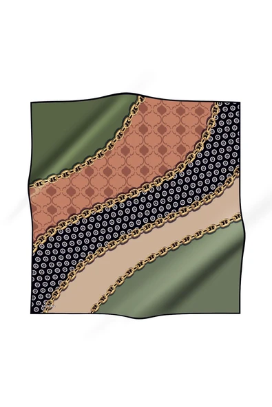 %100 Twill İpek Monogram Ve Zincir Desenli Haki - Bakır Renkli 90x90 Eşarp Dikim Şekli : El Dikişi - Resim 2