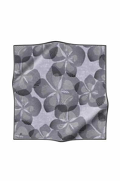 %100 Twill İpek Çizgili Çiçek Desenli Siyah - Gri Renkli 90x90 Eşarp Dikim Şekli : El Dikişi - Resim 2