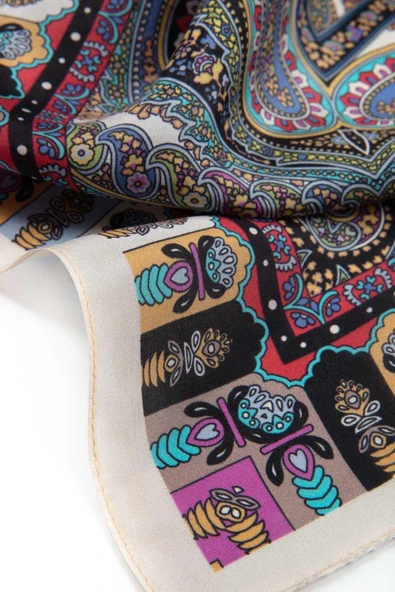 100% İPEK ETRO DESENLİ BEJ - SAKS RENKLİ ŞAL - Resim 4