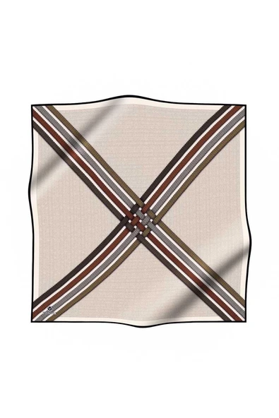 %100 Twill İpek Dikiş Motifli Ve Bant Desenli Krem - Taba Renkli 90x90 Eşarp Dikim Şekli : El Dikişi ürün görseli