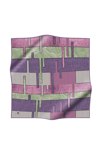 %100 Twill İpek Geometrik Desenli Lila Renkli 90x90 Eşarp Dikim Şekli : El Dikişi - Resim 2
