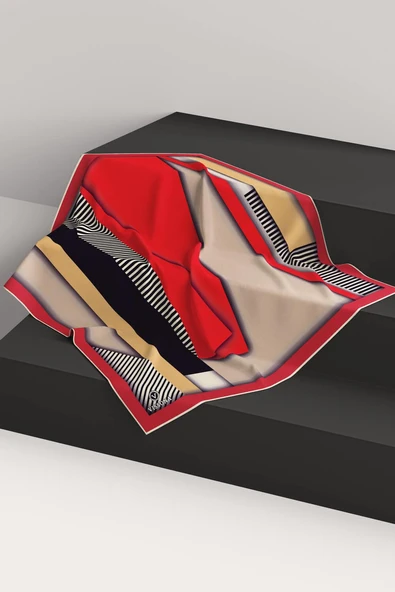 %100 Twill Renk Bloklu Çizgili Desenli Kırmızı - Bej Renkli 90x90 Eşarp Dikim Şekli: El Dikişii - Resim 6