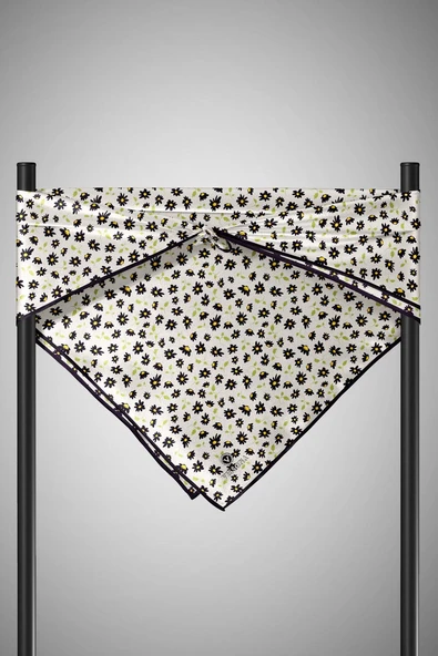 %100 Twill İpek Papatya Desenli Krem - Siyah Renkli 90x90 Eşarp Dikim Şekli : El Dikişi - Resim 3