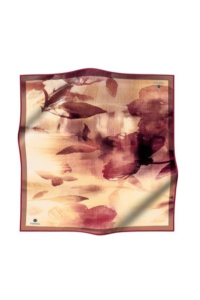 %100 Twill İpek Yaprak Desenli Bordo Renkli 90x90 Eşarp Dikim Şekli : El Dikişi - Resim 2