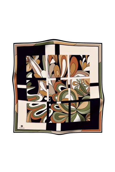 100% Twill İpek Geometrik Desenli Taba - Haki Renkli 90x90 Dikim Şekli : El Dikişi Eşarp - Resim 2