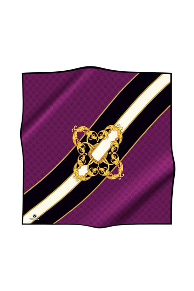 %100 Twill İpek Monogram Ve Barok Desenli Mürdüm - Siyah Renkli 90x90 Eşarp Dikim Şekli : El Dikişi - Resim 2