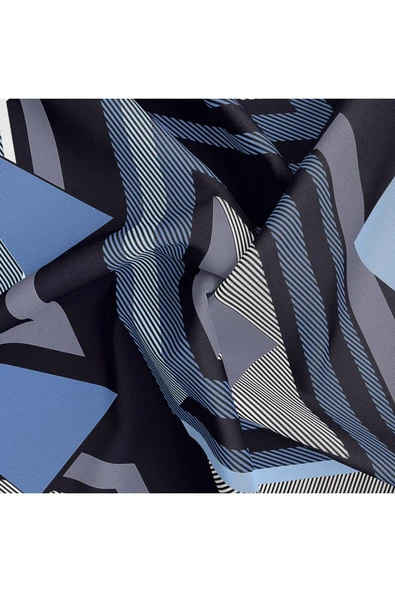 % 57 İPEK % 43 VİSKON Twill İpek Geometrik Desenli İndigo - Siyah Renkli 90x90 Eşarp Dikim Şekli : El Dikişi - Resim 6