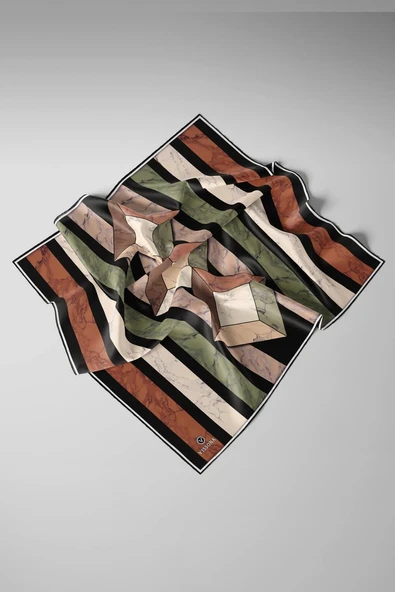 %100 Twill İpek Geometrik Mermer Desenli Haki - Bakır Renkli 90x90 Eşarp Dikim Şekli : El Dikişi - Resim 3