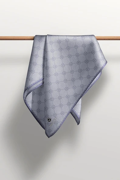 %100 Twill İpek Monogram Desenli Gri Renkli 90x90 Eşarp Dikim Şekli : El Dikişi - Resim 5