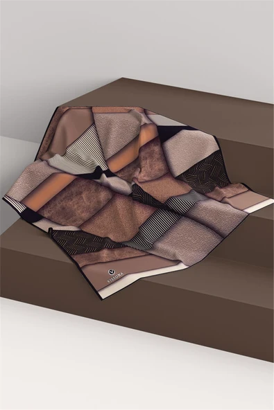 %100 Twill İpek Dokulu ve Geometrik Desenli Bej - Kahverengi Renkli 90x90 Eşarp Dikim Şekli : El Dikişi - Resim 4