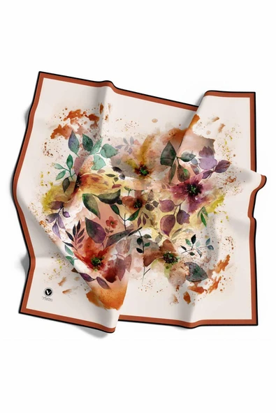 Kristal Çiçek Desenli Krem - Taba Renkli 90x90 Eşarp (İpek İçermez) Dikim Şekli : El Dikişi ürün görseli