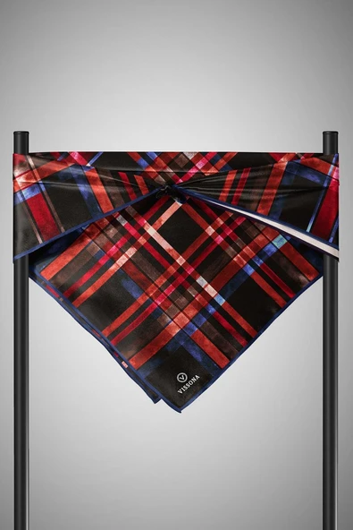 %100 Twill İpek Ekose Desenli Siyah - Kırmızı Renkli 90x90 Eşarp Kenar Dikiş Şekli El Dikişli - Resim 3