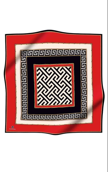 %100 Twill İpek Labirent Ve Geometrik Desenli Kırmızı - Siyah Renkli 90x90 Eşarp Dikim Şekli : El Dikişi - Resim 2