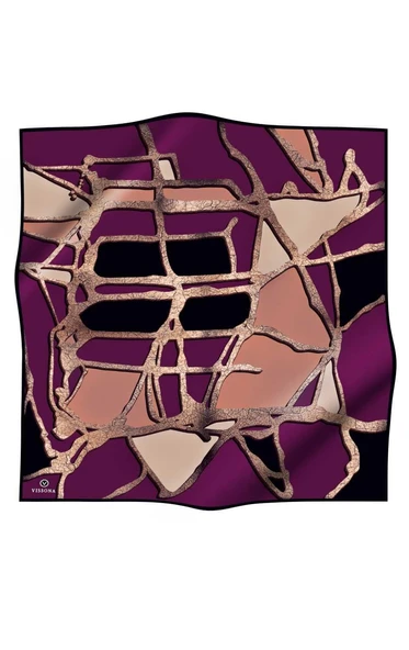 % 57 İPEK % 43 VİSKON Twill İpek Gold Efektli Geometrik Desenli Mürdüm - Siyah Renkli 90x90 Eşarp Dikim Şekli : El Dikişi - Resim 2