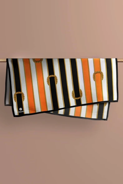 %100 Twill İpek Kemer Desenli Siyah - Turuncu Renkli 90x90 Eşarp Dikim Şekli : El Dikişi - Resim 5