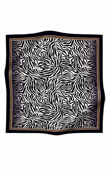 %100 Twill İpek Zebra Desenli Siyah - Krem Renkli 90x90 Eşarp Dikim Şekli : El Dikişi - Resim 2