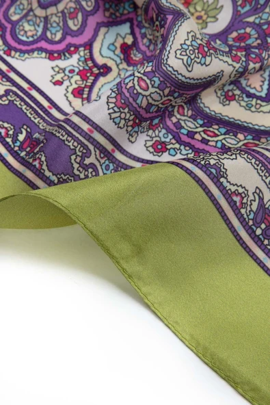 %100 İpek Etro Desenli Fıstık Yeşili Renkli 92x210 Şal - Resim 4