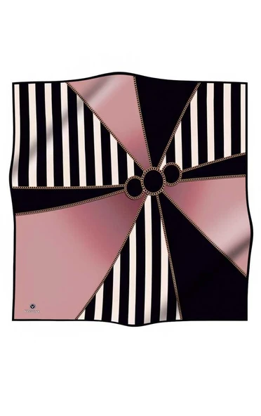 %100 Twill İpek Zincirli Çizgi Desenli Pudra - Siyah Renkli 90x90 Eşarp Dikim Şekli : El Dikişi - Resim 2