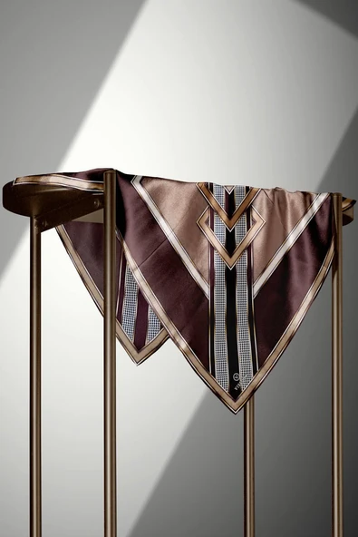 %100 Twill İpek Kareli Kazayaklı Desenli Kahverengi - Vizon Renkli 90x90 Eşarp Kenar Dikiş Şekli El Dikişli - Resim 4