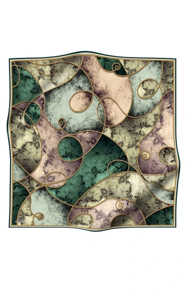 %100 Twill İpek Zincirli Mermer Desenli Zümrüt Yeşili - Haki Renkli 90x90 Eşarp Dikim Şekli : El Dikişi - Resim 2