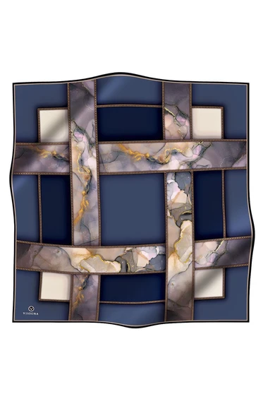 %100 Twill İpek Efektli Bant Desenli İndigo - Lacivert Renkli 90x90 Eşarp Dikim Şekli : El Dikişi - Resim 2