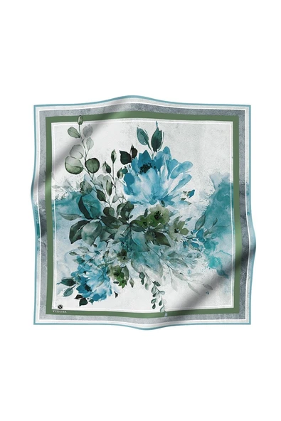 %100 Twill İpek Bahar Çiçekleri Desenli Petrol Yeşili - Haki Renkli 90x90 Eşarp Dikim Şekli : El Dikişi - Resim 2