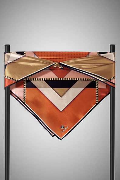 %100 Twill İpek Geometrik Desenli Bej - Taba Renkli 90x90 Eşarp Dikim Şekli : El Dikişi - Resim 6