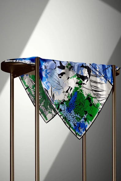 %100 Twill İpek Yaprak Desenli Saks - Zümrüt Yeşili Renkli 90x90 Eşarp Dikim Şekli : El Dikişi - Resim 4