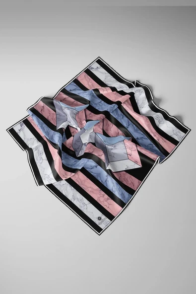 %100 Twill İpek Geometrik Mermer Desenli Pudra - Siyah Renkli 90x90 Eşarp Dikim Şekli : El Dikişi - Resim 3