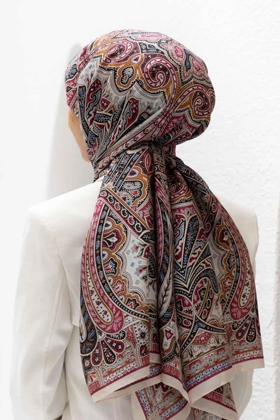 100% İpek Etro Desenli Taş - Bordo Renkli 92x210 Şal ürün görseli