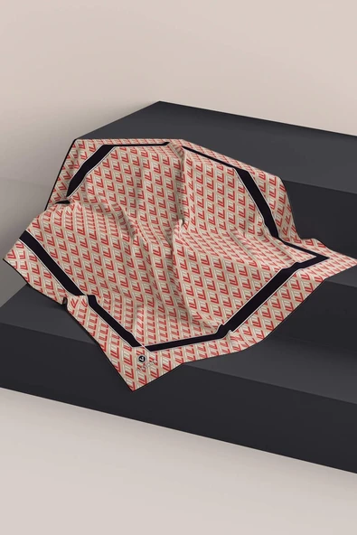 %100 Twill İpek Geometrik Desenli Bej - Kırmızı Renkli 90x90 Eşarp Dikim Şekli : El Dikişi - Resim 6