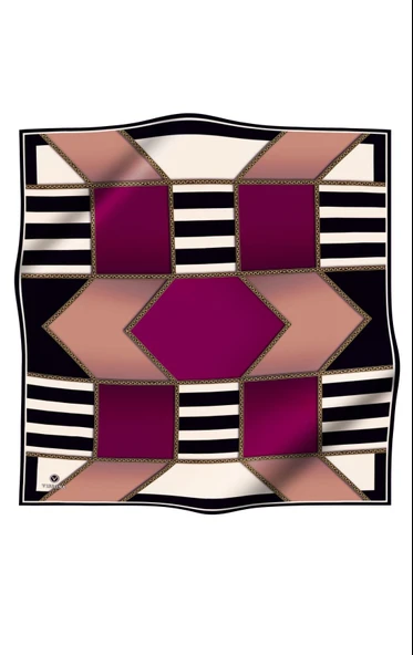 %100 Twill İpek Geometrik Desenli Mürdüm - Somon Renkli 90x90 Eşarp Dikim Şekli : El Dikişi - Resim 2