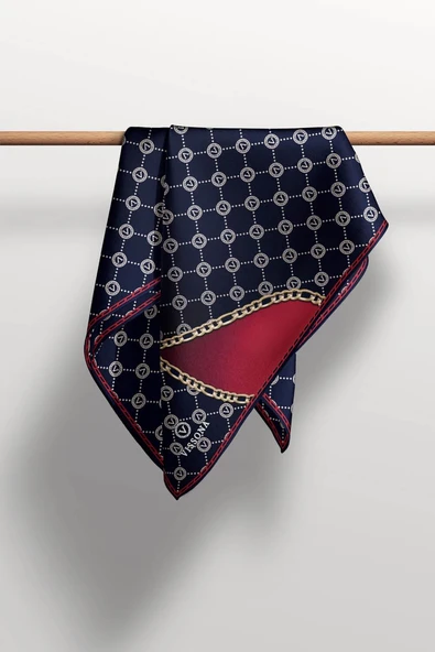 %100 Twill İpek Zincirli Ve Monogram Desenli Lacivert - Bordo Renkli 90x90 Eşarp Dikim Şekli : El Dikişi - Resim 5