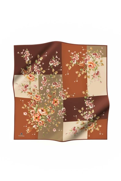 %100 Twill İpek Geometrik Ve Çiçek Desenli Taba Renkli 90x90 Eşarp Dikim Şekli : El Dikişi - Resim 2