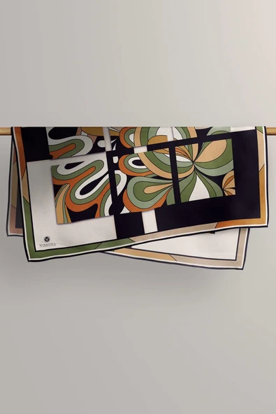 100% Twill İpek Geometrik Desenli Taba - Haki Renkli 90x90 Dikim Şekli : El Dikişi Eşarp - Resim 6