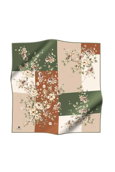 %100 Twill İpek Geometrik Ve Çiçek Desenli Haki - Kiremit Renkli 90x90 Eşarp Dikim Şekli : El Dikişi - Resim 2