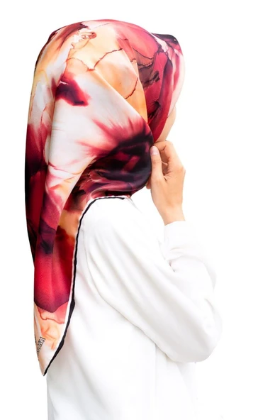 %100 Twill İpek Batik Çiçek Desenli Bordo - Hardal Renkli 90x90 Eşarp ürün görseli 1