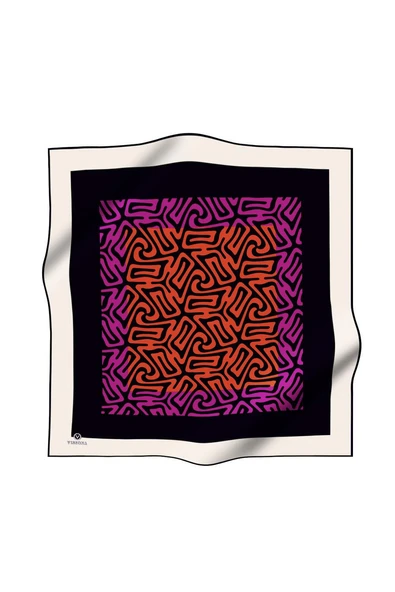 100% Twill İpek Bordürlü Dalga Desenli Fuşya - Turuncu Renkli 90x90 Dikim Şekli : El Dikişi Eşarp - Resim 2