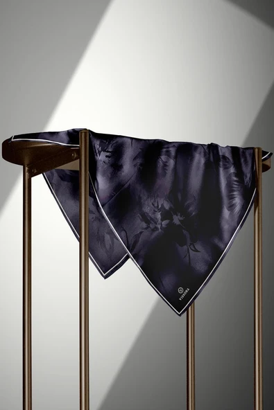 % 57 İPEK % 43 VİSKON Twill İpek Çiçek Desenli Füme Renkli 90x90 Dikim Şekli : El Dikişi Eşarp - Resim 4