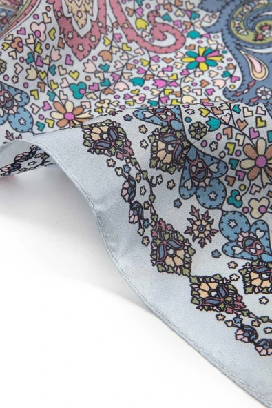 100% İpek Etro Desenli Bebe Mavisi - Pembe Renkli 92x210 Şal - Resim 4