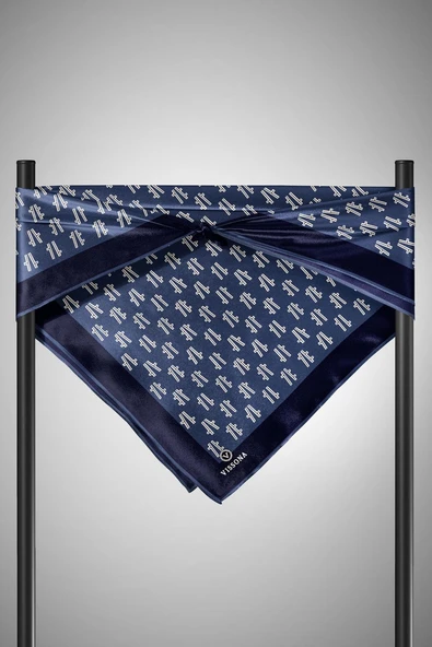 %100 Twill İpek Geometrik Desenli İndigo - Lacivert Renkli 90x90 Eşarp Dikim Şekli : El Dikişi - Resim 3