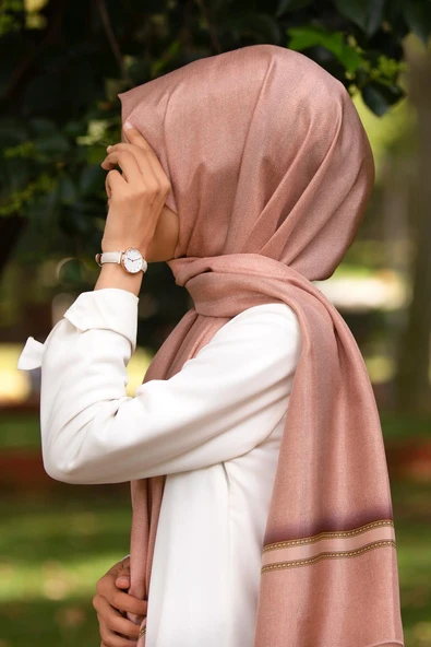 %100 İpek Dokulu Desenli Taba - Taba Renkli 92x210 Şal - Resim 11